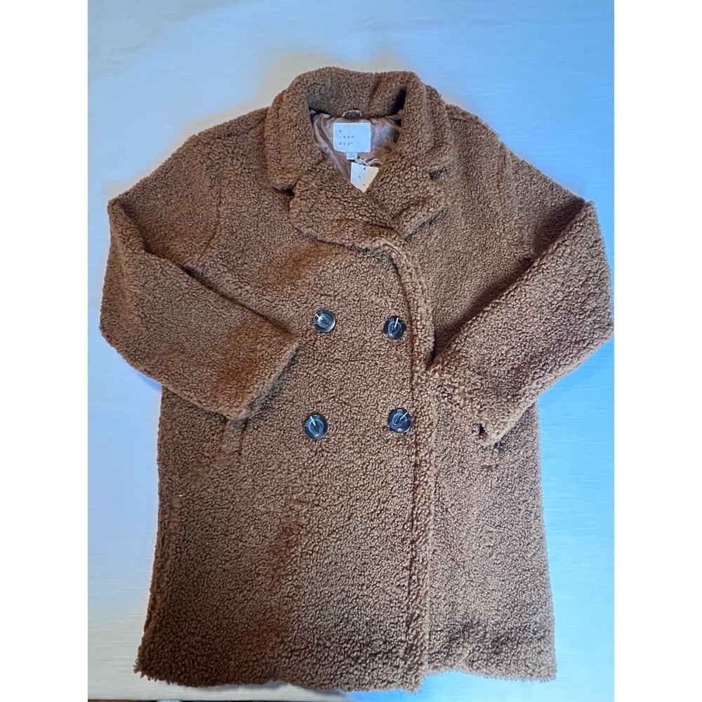 NWT Womens Brown Teddy Bear Coat Faux Shearling Double Breasted Pea Coat M